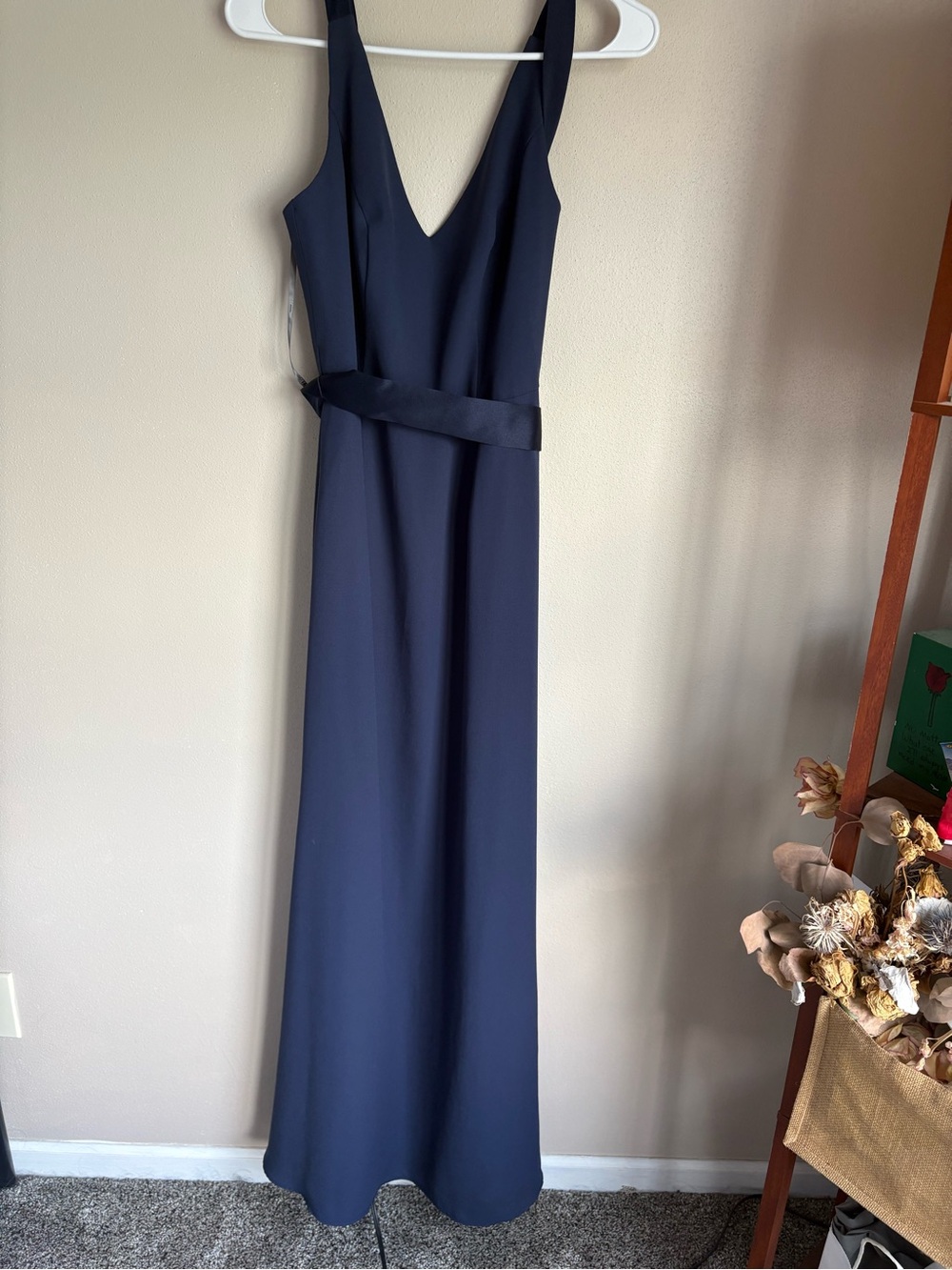 Vera Wang Navy V-Neck Maxi Gown with Waist Sash
